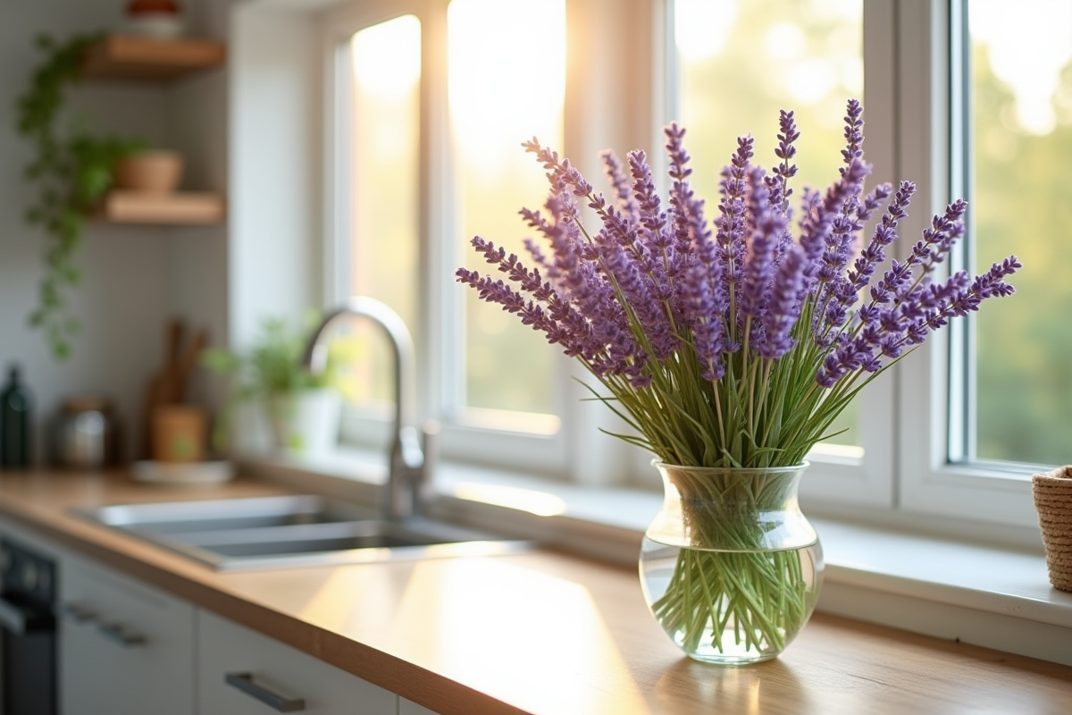 Lavande en pleine floraison dans une cuisine lumineuse