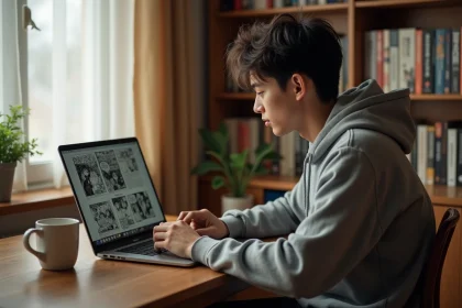 Jeune homme lisant des scans de manga sur son ordinateur portable dans un appartement chaleureux entouré de volumes de mangas