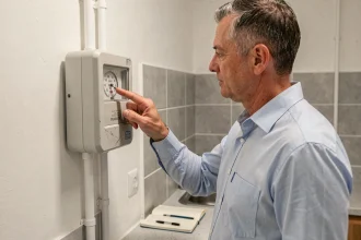 Homme lisant un compteur d'eau affichant des valeurs en mètres cubes dans une salle technique résidentielle