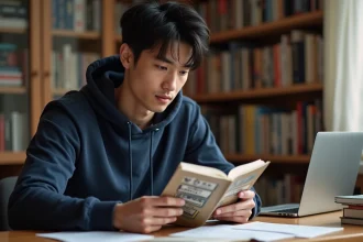 Jeune homme lisant un manga japonais à son bureau, illustrant la lecture de scans Blue Lock en version française