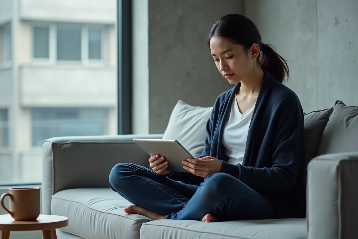 Femme lisant un manga de type système cheat sur tablette dans un appartement minimaliste moderne