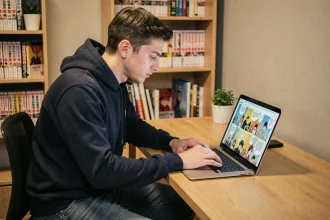 Jeune homme lisant des scans de manga Demon Slayer sur un ordinateur portable dans un bureau à domicile entouré de volumes manga