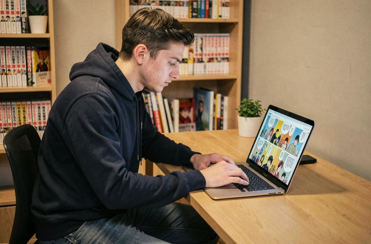 Jeune homme lisant des scans de manga Demon Slayer sur un ordinateur portable dans un bureau à domicile entouré de volumes manga