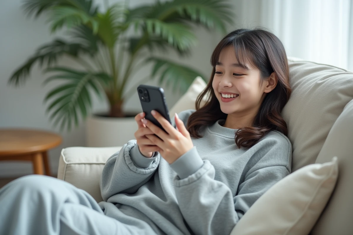 Jeune femme lisant des scans de manga Blue Lock sur smartphone allongée dans son salon
