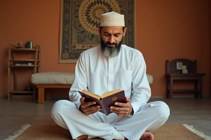 Homme musulman lisant la sourat Al Kahf dans le Coran en arabe, assis sur un tapis de prière dans une salle de recueillement