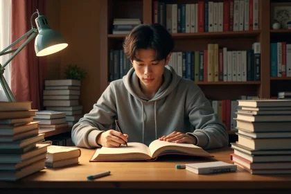 Jeune homme lisant le premier chapitre d'un manga de type isekai à son bureau entouré de volumes de bandes dessinées japonaises