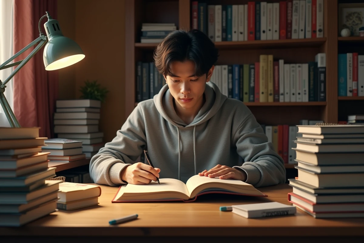 Jeune homme lisant le premier chapitre d'un manga de type isekai à son bureau entouré de volumes de bandes dessinées japonaises