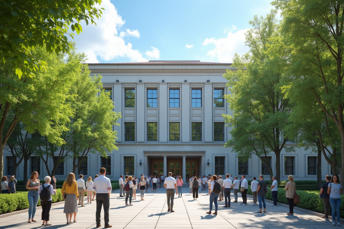 Extérieur d un bâtiment de mairie avec des gens discutant dehors par beau temps