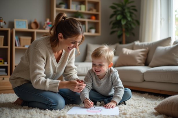 Maman et son fils de 7 ans montrant un dessin dans un salon chaleureux