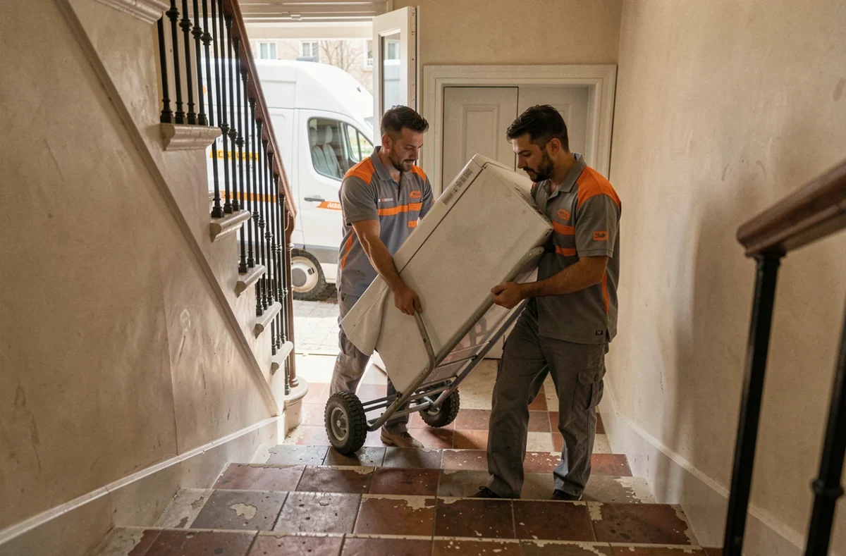 Deux déménageurs Marcellin Et Compagnie transportant un électroménager dans un escalier résidentiel à Gap