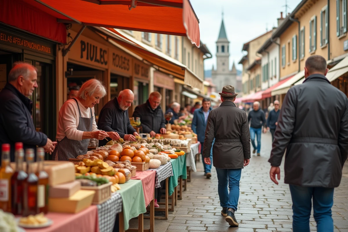 Marché hebdomadaire animé d'Eauze avec étals de produits du terroir gascon et habitants locaux, Gers