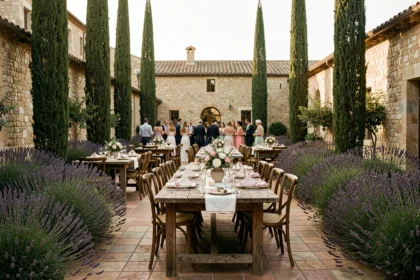 Vue panoramique d'une salle de réception élégante en Provence avec décor méditerranéen et tables dressées pour un événement