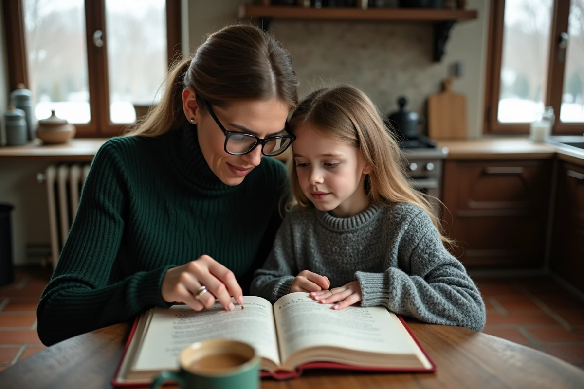 Mère aidant sa fille à mémoriser une poésie sur l'hiver autour d'un livre illustré sur une table en bois