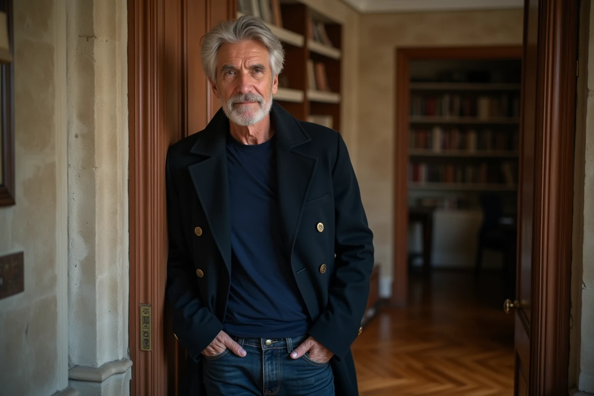 Homme aux cheveux argentés en manteau bleu marine posant près d'un cadre de porte avec des marques de taille, dans un appartement parisien