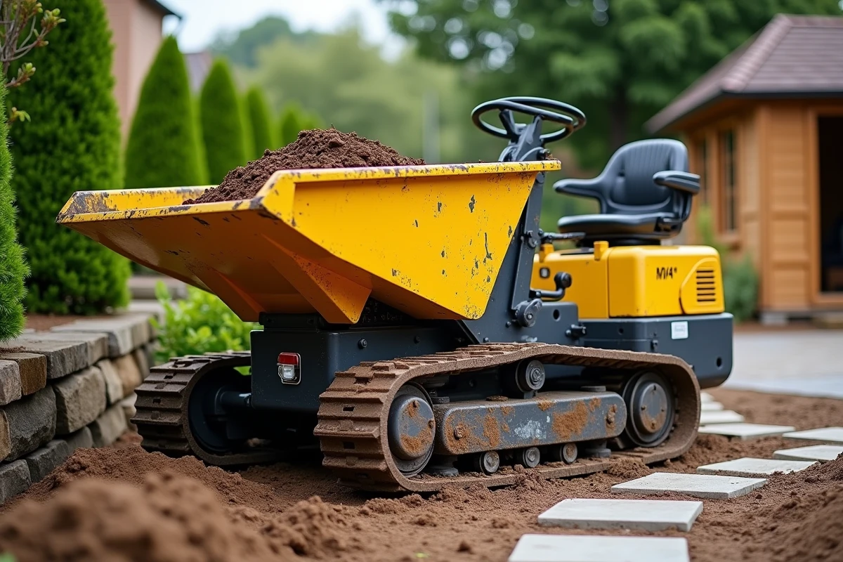 Mini dumper jaune chargé de terre sur un chantier d'aménagement paysager résidentiel