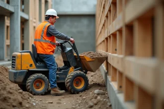 Ouvrier de chantier manœuvrant un mini dumper compact sur un chantier de construction avec fondations en béton
