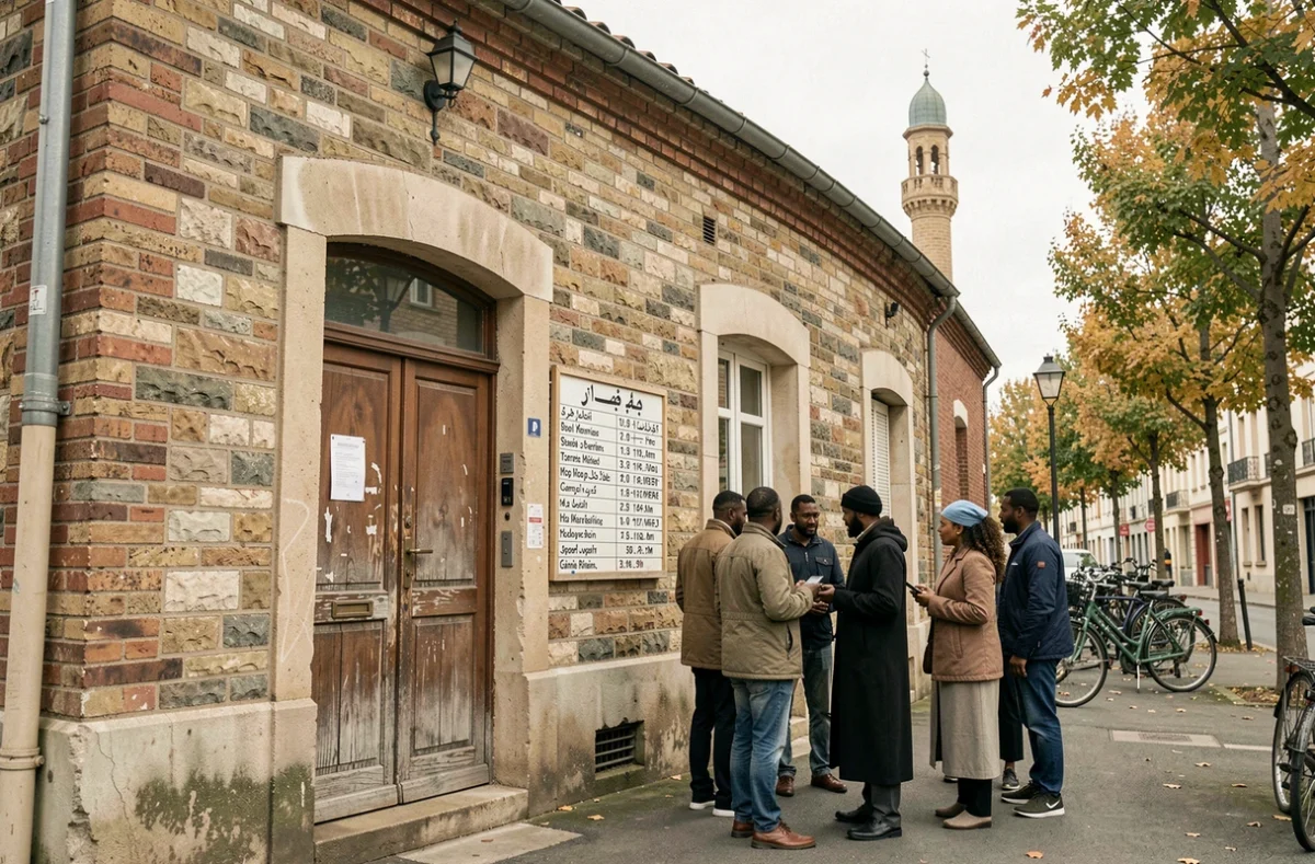 Mosquée de Nantes avec tableau des horaires de prière affiché à l'entrée