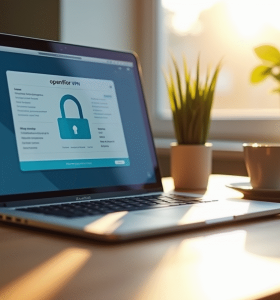 Ordinateur portable avec interface VPN sur un bureau lumineux
