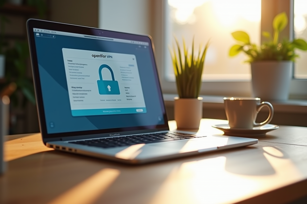 Ordinateur portable avec interface VPN sur un bureau lumineux