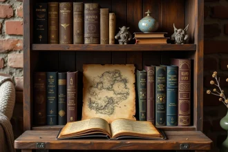 Étagère de bibliothèque avec coffrets Blu-ray et livres du Hobbit et du Seigneur des Anneaux rangés dans l'ordre chronologique