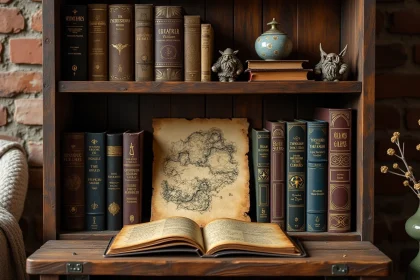 Étagère de bibliothèque avec coffrets Blu-ray et livres du Hobbit et du Seigneur des Anneaux rangés dans l'ordre chronologique