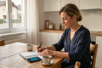 Femme organisant sa journée avec un planning papier et une application des heures de prière sur smartphone dans une cuisine moderne à Annemasse