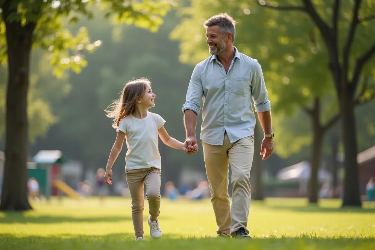 Pere et sa fille de 10 ans marchant dans un parc ensoleille
