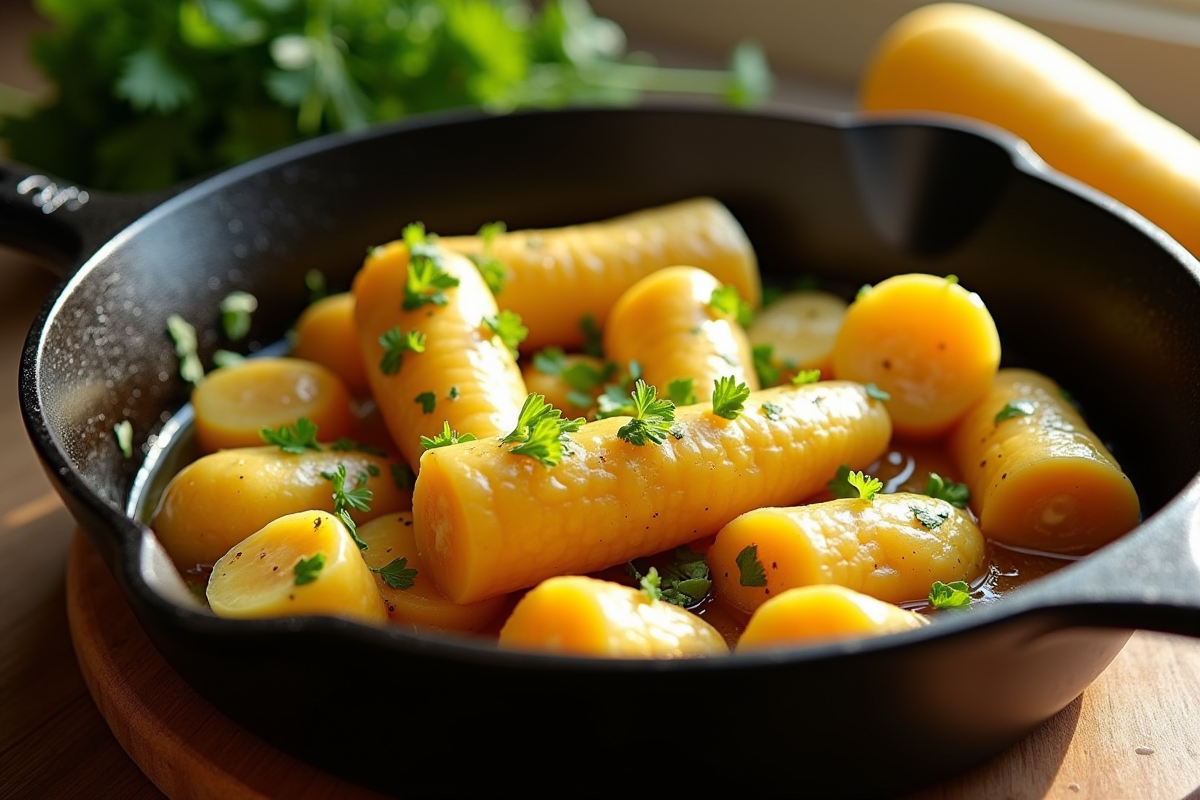 Parnips sautés au beurre avec persil frais sur table en bois