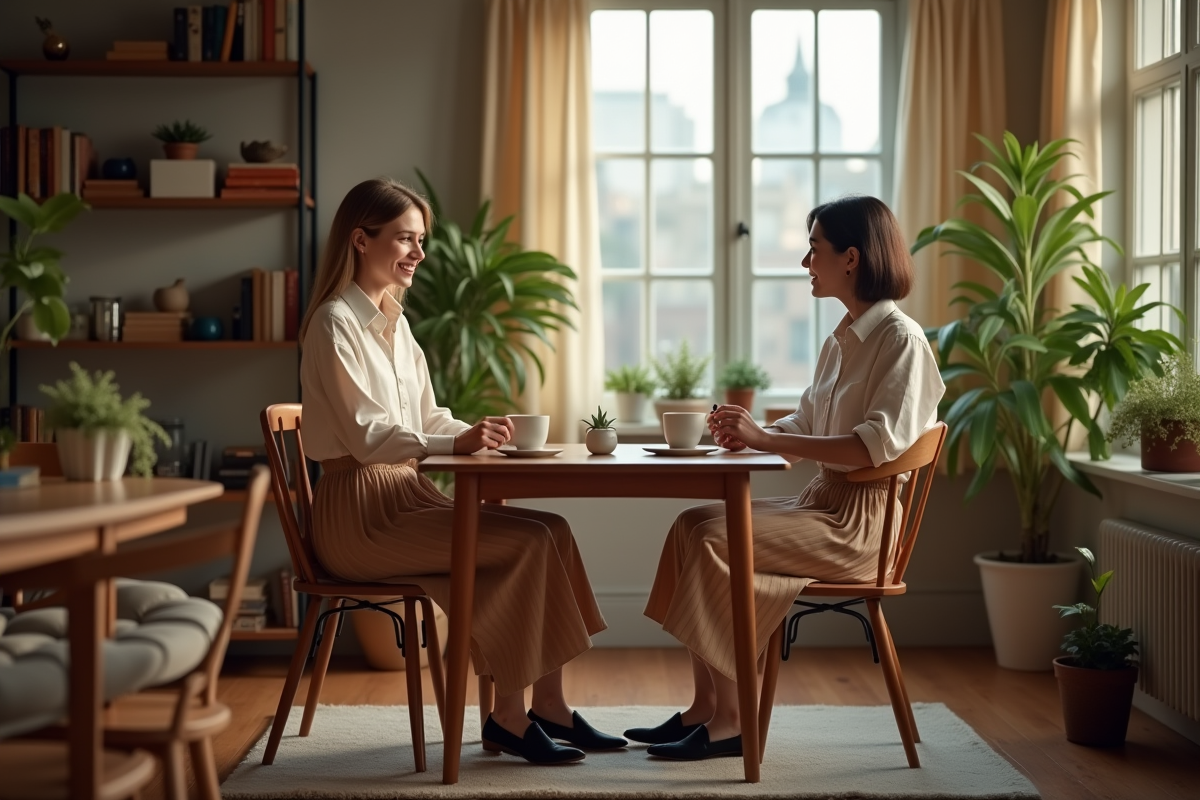 Personne nonbinaire discutant à une table dans un appartement