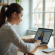 Personne utilisant ordinateur et smartphone contactant service client