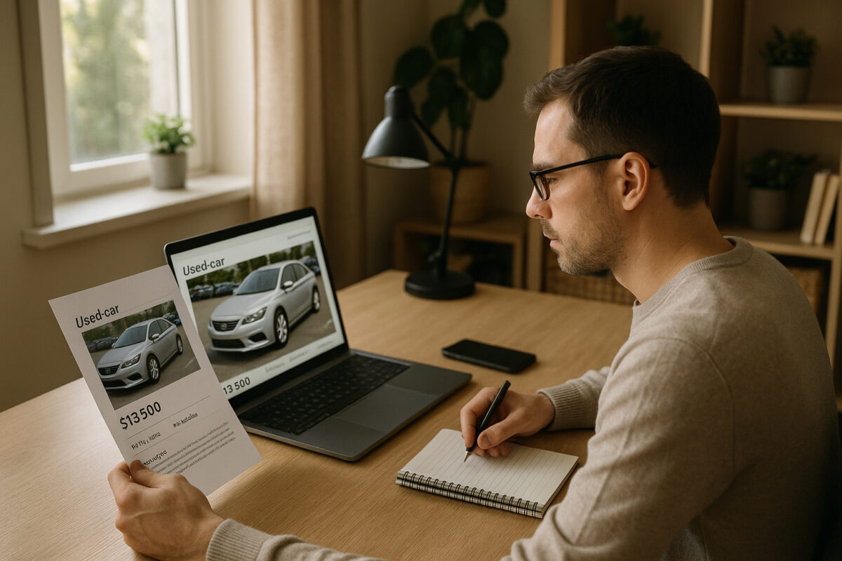 Personne examinant une annonce de voiture d'occasion sur un ordinateur dans un bureau