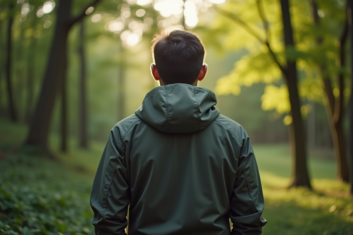 Personne portant une veste écologique en forêt avec lumière naturelle