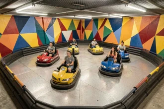 Piste d'autos tamponneuses colorées vue en plongée dans un parc de loisirs avec plusieurs voitures électriques en circulation