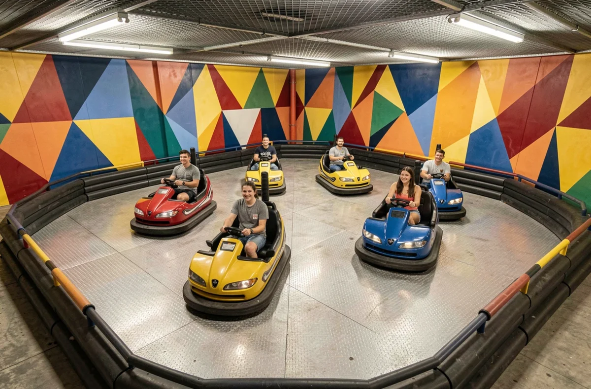 Piste d'autos tamponneuses colorées vue en plongée dans un parc de loisirs avec plusieurs voitures électriques en circulation