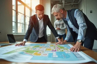 Architecte et agent immobilier examinant une carte de zonage