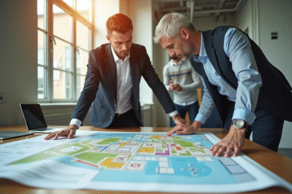 Architecte et agent immobilier examinant une carte de zonage