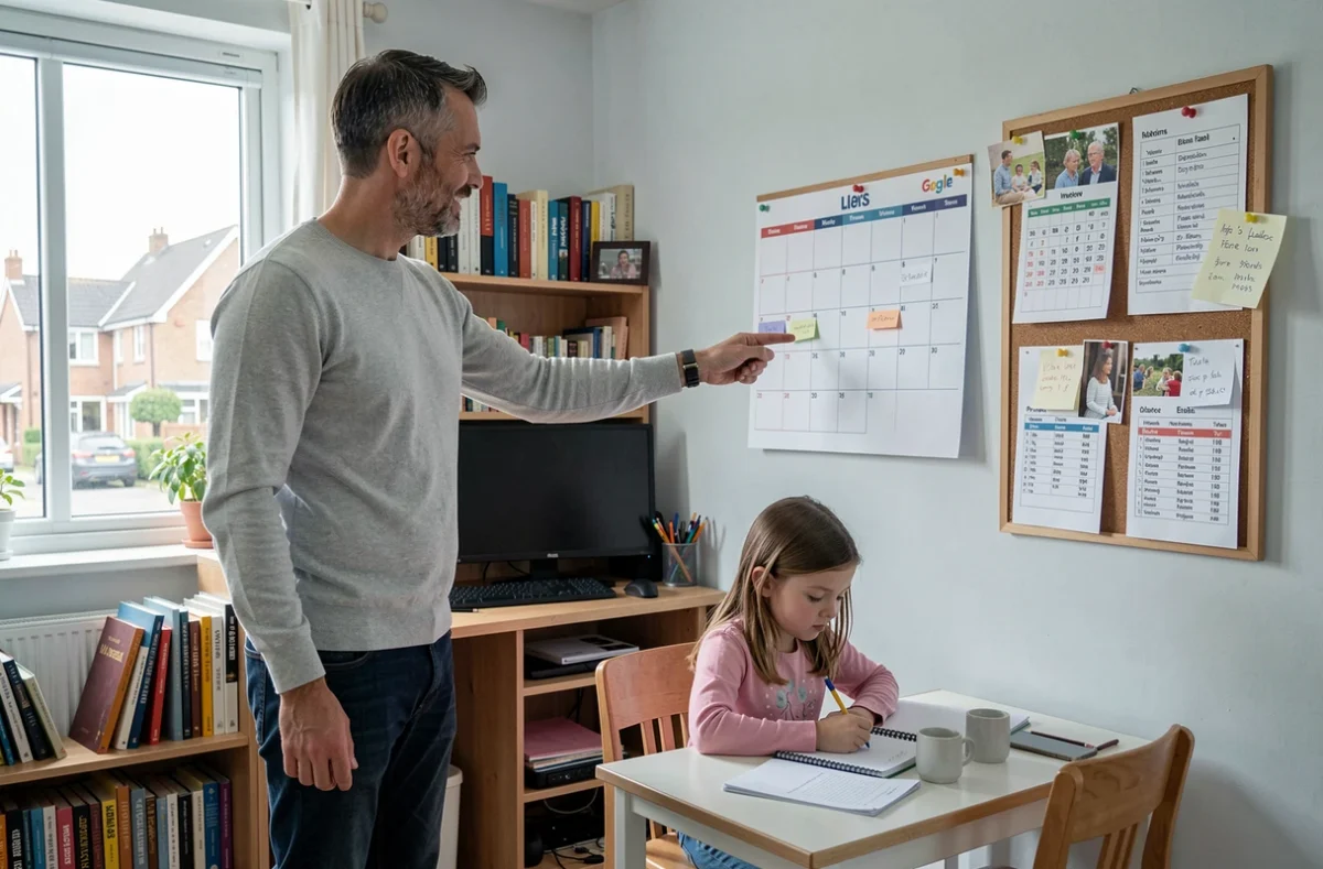 Père de famille planifiant son emploi du temps avec les horaires de prière affichés dans un bureau à domicile à Annemasse