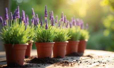 Jeunes tiges de lavande plantées dans des pots ensoleillés