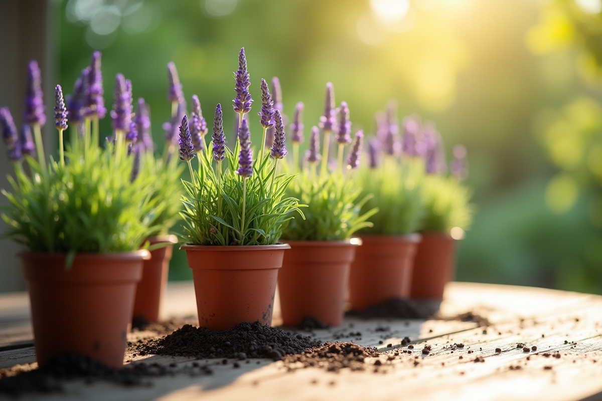 Jeunes tiges de lavande plantées dans des pots ensoleillés