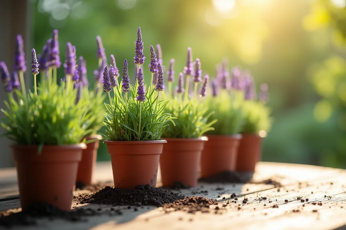 Jeunes tiges de lavande plantées dans des pots ensoleillés
