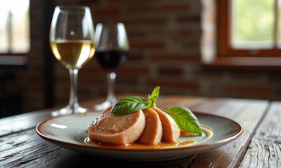 Assiette de foie gras sur table en bois avec vins blancs et rouges