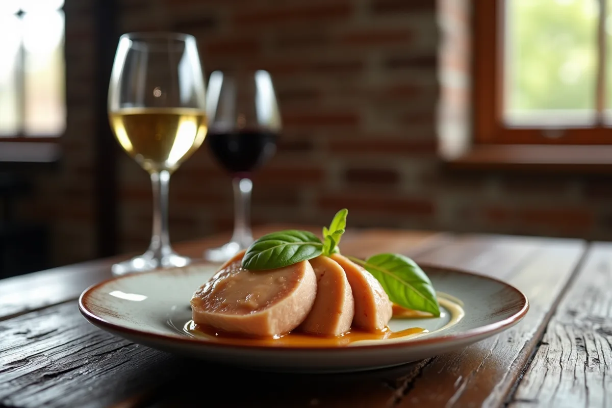 Assiette de foie gras sur table en bois avec vins blancs et rouges