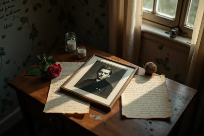 Portrait vintage en noir et blanc posé sur une table en bois entouré de lettres manuscrites et d'une rose séchée, évoquant la mémoire et la disparition de Mike Brant