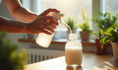 Main versant bicarbonate et vinaigre dans un spray naturel