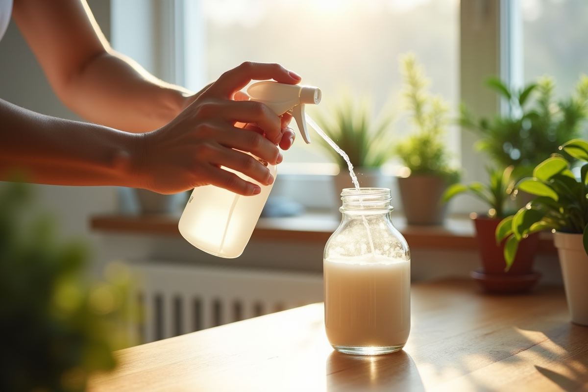 Main versant bicarbonate et vinaigre dans un spray naturel