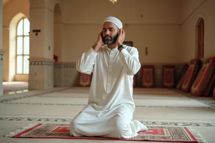 Homme en tenue islamique traditionnelle effectuant la prière du vendredi dans une mosquée de Nantes