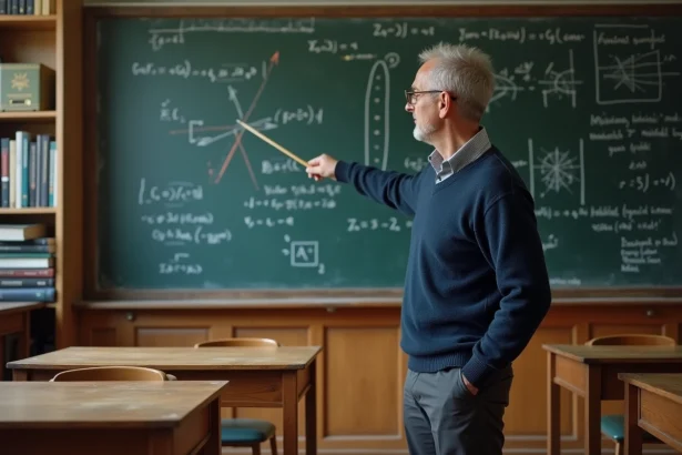 Professeur de physique expliquant le théorème de Gauss et le calcul du champ électrique au tableau noir