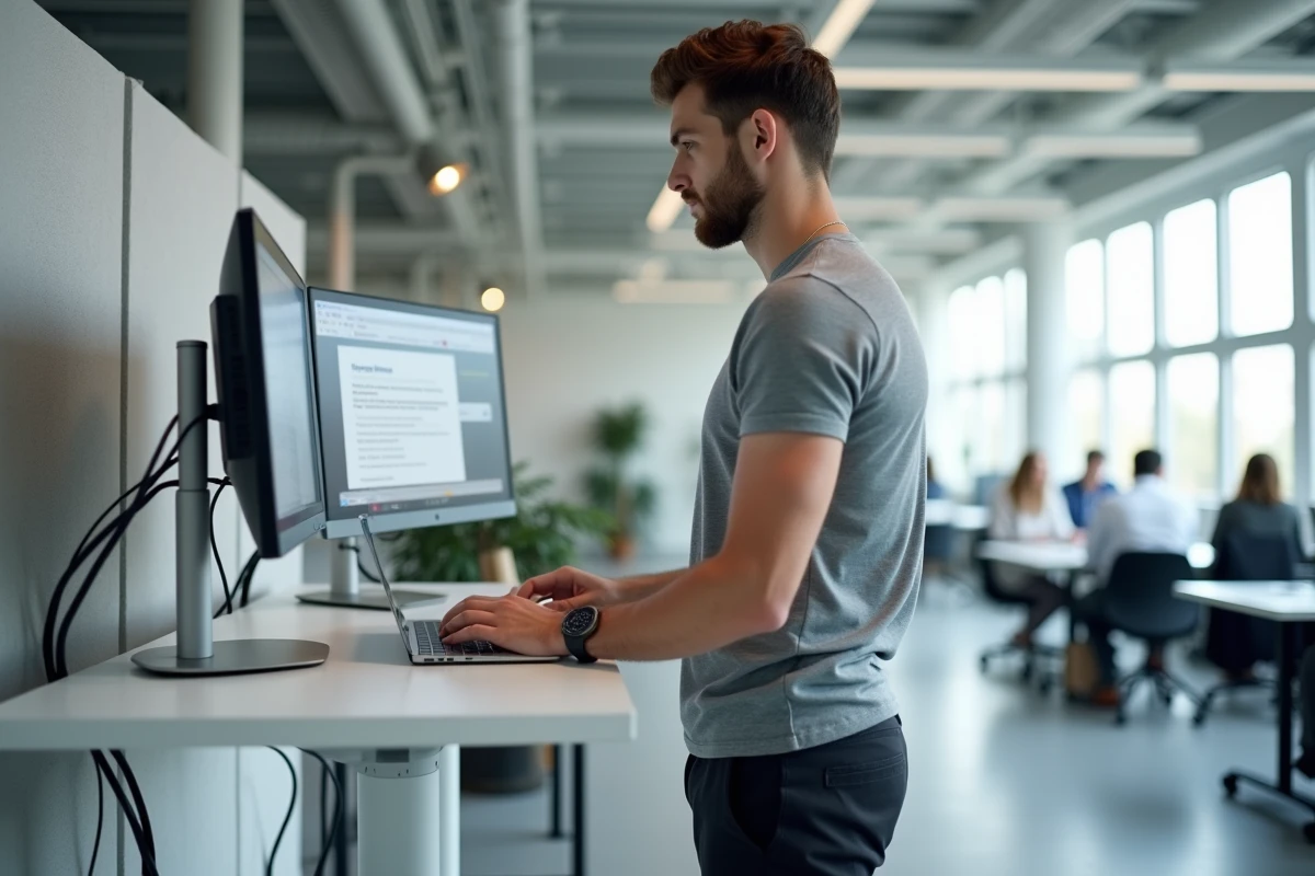 Jeune professionnel recherchant des alternatives à un service numérique défaillant sur deux écrans dans un espace de coworking moderne