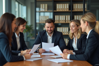 Groupe de professionnels d'assurance en réunion d'affaires
