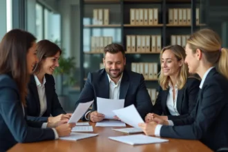 Groupe de professionnels d'assurance en réunion d'affaires
